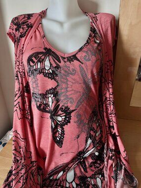 Pink Short Sleeve Shirt with Black and Grey Butterfly Patterns By Charlie Brown